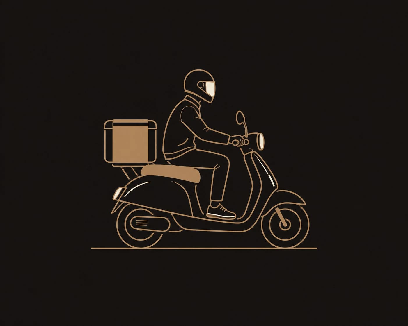 Ilustrație minimalistă în bronz a unui curier pe scuter, cu geantă pentru livrarea mâncării