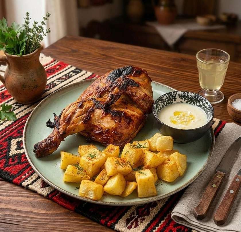 Pui la jar cu cartofi prăjiți